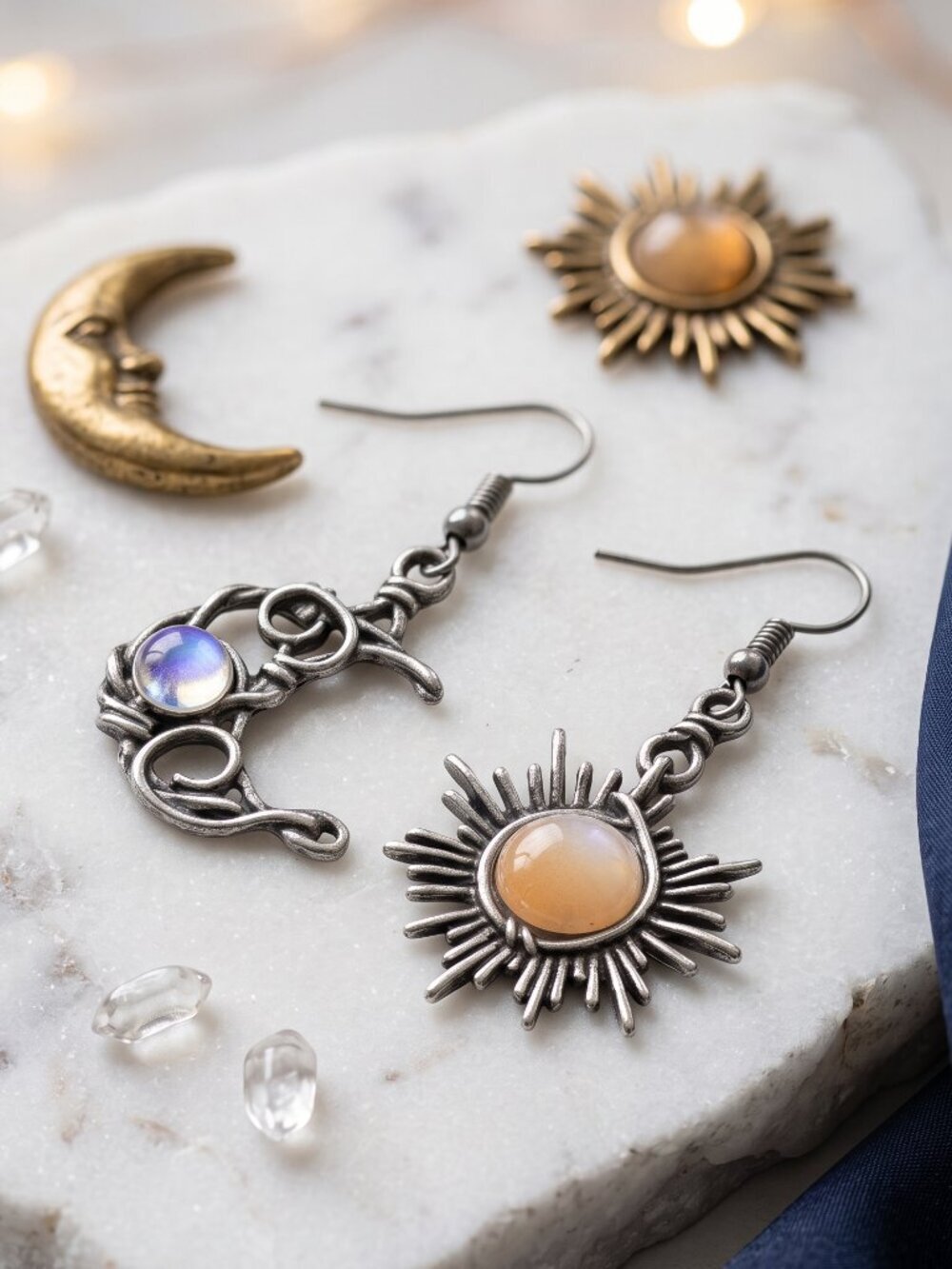 Silver Plated Sun Moon Celestial Wire Wrapped Asymmetrical Boho Dangles 2"